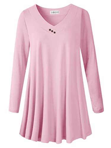 LARACE Damen-Tunika, Übergröße, langärmelig, V-Ausschnitt, Bluse, locker, fließendes T-Shirt für Leggings - Pink - 6X-large von LARACE