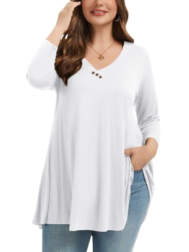 LARACE Damen Übergröße Tunika Tops 3/4 Ärmel V-Ausschnitt Blusen Basic T-Shirt - Weiß - 5X-Groß von LARACE