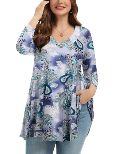 LARACE Damen Übergröße Tunika Tops 3/4 Ärmel V-Ausschnitt Blusen Basic T-Shirt - mehrfarbig - X-Groß von LARACE