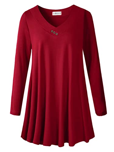 LARACE Damen Übergröße Tunika Tops Langarm V-Ausschnitt Blusen Basic T-Shirt - Rot - X-Groß von LARACE