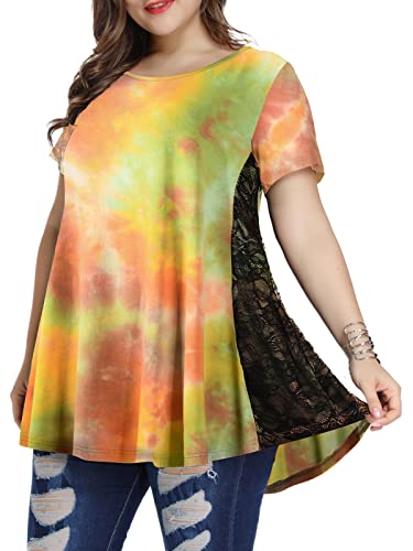 LARACE Kurzärmeliges Shirt für Damen, Sommerkleidung, Spitzentunika, Tops zum Tragen mit Leggings, lässige Blusen in Übergröße, T02-orange_tie dye, 2X von LARACE