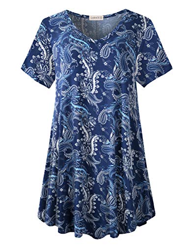 LARACE Lässiges Oberteil für Damen, Sommerkleidung, lockere Passform, kurzärmelig, fließender V-Ausschnitt, Tunika, Übergröße, Bluse, A-marineblau12, 1X von LARACE