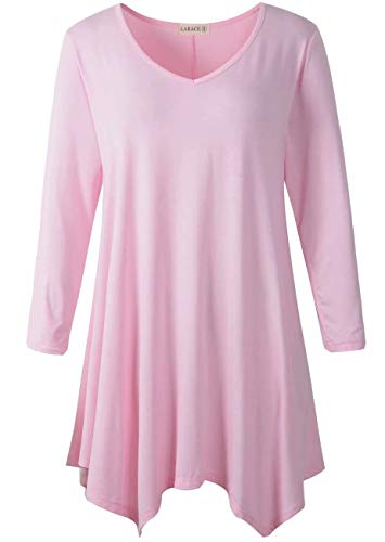 LARACE Tunika für Damen, Übergröße, asymmetrisch, 3/4-Ärmel, V-Ausschnitt, fließende Bluse für Leggings - Pink - Mittel von LARACE