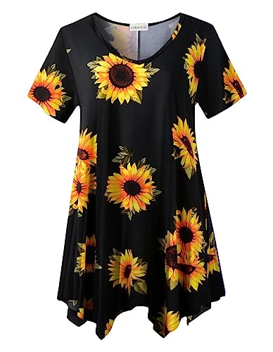 LARACE Übergröße Tops für Damen Sommerkleidung Kurzarm Shirts Casual V-Ausschnitt Tunika Asymmetrische Blusen, A-sunflower27, Large von LARACE