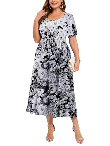 LARACE Übergrößenkleider für Damen, Sommer, lässig, kurzärmelig, langes Kleid, fließendes Maxi-Strandkleid mit Taschen, L-6XL, A-Schwarz 36, 4X von LARACE