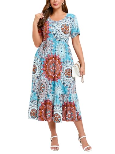 LARACE Übergrößenkleider für Damen, Sommer, lässig, kurzärmelig, langes Kleid, fließendes Maxi-Strandkleid mit Taschen, L-6XL, Boho Blau, 2X von LARACE