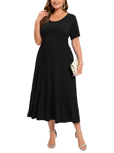 LARACE Übergrößenkleider für Damen, Sommer, lässig, kurzärmelig, langes Kleid, fließendes Maxi-Strandkleid mit Taschen, L-6XL, Schwarz-dünner Stoff, 2X von LARACE