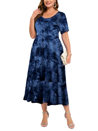 LARACE Übergrößenkleider für Damen, Sommer, lässig, kurzärmelig, langes Kleid, fließendes Maxi-Strandkleid mit Taschen, L-6XL, T09-dunkelblau, 4X von LARACE