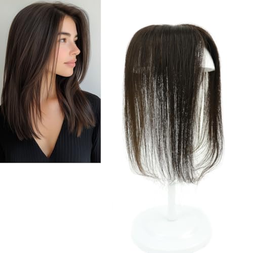 Larafona Damen Topper Extensions Echthaar Silk Base Haarteile Toupet Clip In Human Hair Extensions 6x9cm Dunkelbraun 2# 14"/35cm Hair von LARAFONA