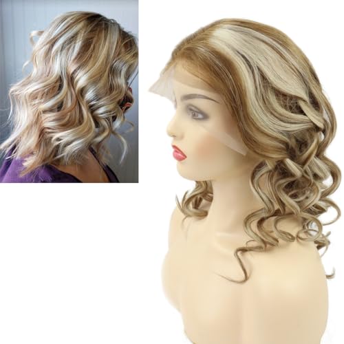 Larafona Perücke Damen Blond Balayage 100% Echthaar Lockig Glueless Lace Front Wig Curly P8/60# 18inch/45cm von LARAFONA