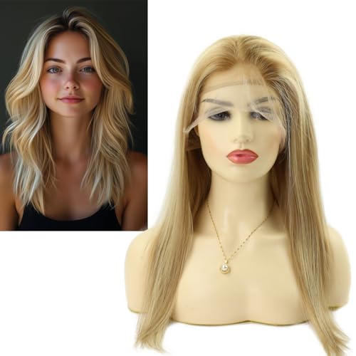 Larafona Wig Lace Front Blond Perücke Damen Wig Echthaar Lang Blond Highlights Braun 100% Remy Glueless Preplucked 16inch/40cm von LARAFONA