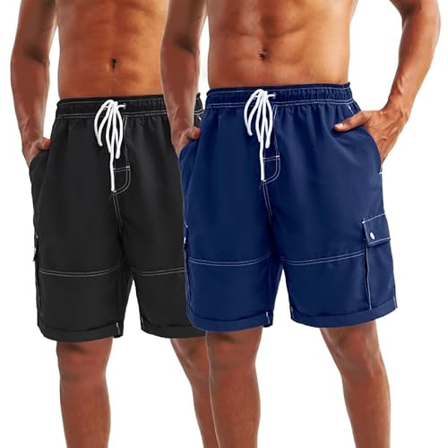 LARGERED 2 Pack Badehose Herren Schnelltrocknend Badeshorts Atmungsaktiv Schwimmhose Strandshorts Boardshorts Kurz Sporthose Trainingshose mit Mesh-Futter,Schwarz Dunkelblau,3XL von LARGERED