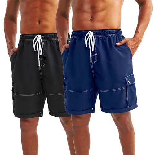 LARGERED 2 Pack Badehose Herren Schnelltrocknend Badeshorts Atmungsaktiv Schwimmhose Strandshorts Boardshorts Kurz Sporthose Trainingshose mit Mesh-Futter,Schwarz Dunkelblau,L von LARGERED