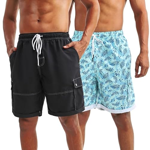 LARGERED 2 Pack Badehose Herren Schnelltrocknend Badeshorts Atmungsaktiv Schwimmhose Strandshorts Boardshorts Kurz Sporthose Trainingshose mit Mesh-Futter,Schwarz Hawaii,M von LARGERED