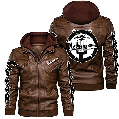 Motorrad Jacke V.e.s.p.a, Warm Gefüttert Übergangsjacke Bikerjacke mit Abnehmbarer Kapuze, Lässig Retro Kunstlederjacke mit Stehkragen-Brown||XXL von LARGO