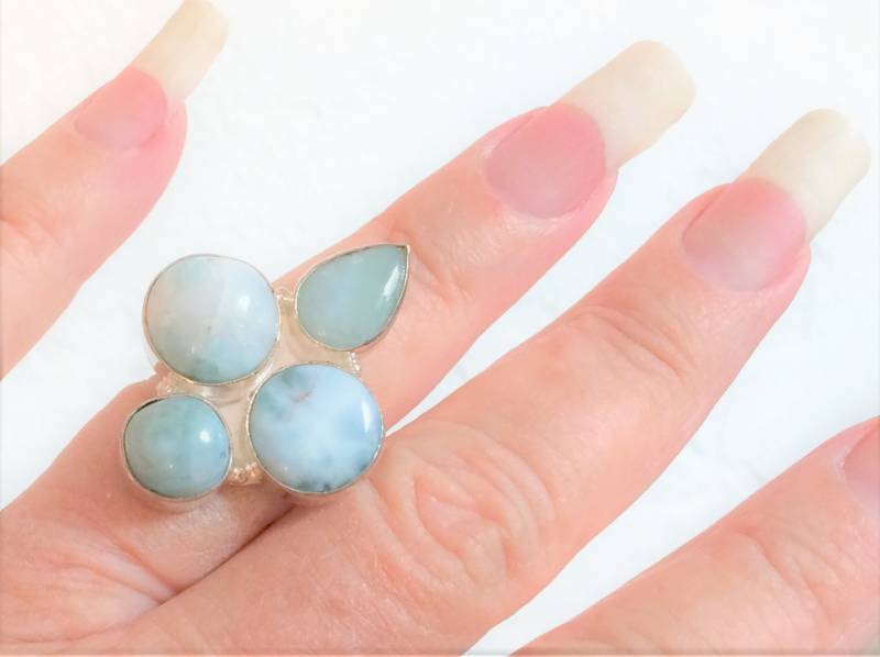 Echter Larimar Silberring Sz 8, 25 4 Edelstein Sterlingsilber Überzogen Vierfacher Steinring Runde Teardrop Edelsteine Markiert 925 Riesig Groß von LARIMARandTURQUOISE