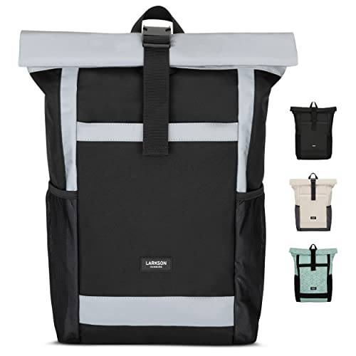 LARKSON Rolltop Rucksack Damen Groß Schwarz Reflektierend - No 2 - Daypack für Schule, Uni, Fahrrad - 16 Zoll Laptop Fach für Arbeit - Nachhaltig - Anti-Diebstahl - Wasserabweisend von LARKSON