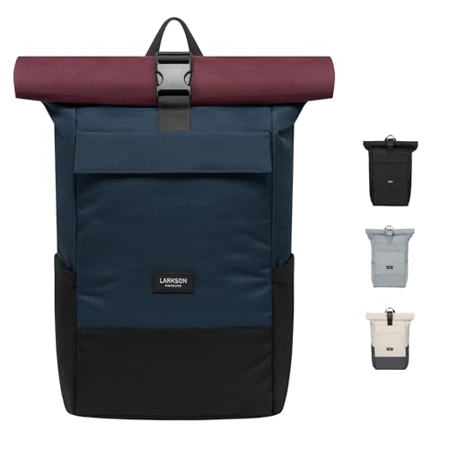 LARKSON Rucksack Damen Herren Blau Rot - No 4 - Rolltop Backpack mit Laptopfach Uni, Arbeit & Fahrrad - Großer Reiserucksack - Wasserabweisend von LARKSON