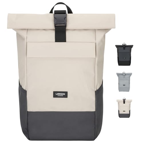LARKSON Rucksack Damen Herren Beige Grau - No 4 - Rolltop Backpack mit Laptopfach Uni, Arbeit & Fahrrad - Großer Reiserucksack - Wasserabweisend von LARKSON