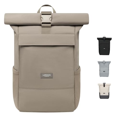 LARKSON Rucksack Damen Herren Grey - No 4 - Rolltop Backpack mit Laptopfach Uni, Arbeit & Fahrrad - Großer Reiserucksack - Wasserabweisend von LARKSON