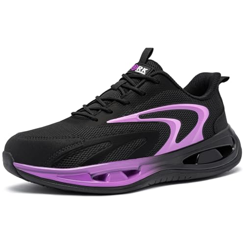 LARNMERN Arbeitsschuhe Damen Sicherheitsschuhe Dämpfung Stahlkappenschuhe Bequeme Atmungsaktive Sportschuhe Leichte Anti-Smashing Trainingsschuhe (Schwarz Lila,36.5EU) von LARNMERN