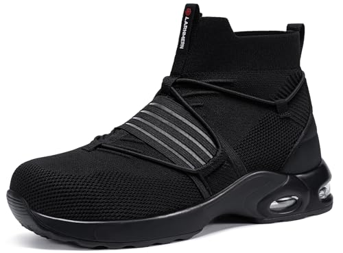 LARNMERN Arbeitsschuhe Herren Leichte Arbeitsstiefel Sicherheitsschuhe Schutzschuhe Luftkissen Schlüpfen Stahlkappenschuhe Atmungsaktive Bequeme Buty Robocze Meskie (Schwarz, 42EU) von LARNMERN