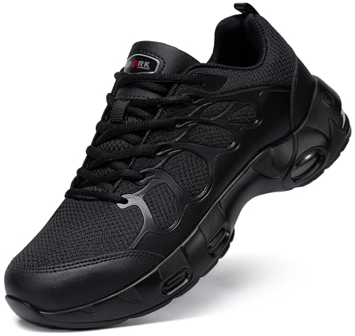 LARNMERN Arbeitsschuhe Herren Luftkissen Sicherheitsschuhe Leichte Arbeit Sportlich Schutzschuhe Komfort Stahlkappenschuhe Atmungsaktive Größe 37EU,tiefschwarz von LARNMERN