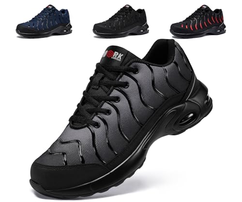 LARNMERN Arbeitsschuhe Herren Sicherheitsschuhe Leichte Komfort Schutzschuhe mit Stahlkappen Atmungsaktive Luftkissen Dämpfung Schuhe Klassisch Arbeit Pannensichere S1 (Schwarz grau,47EU) von LARNMERN