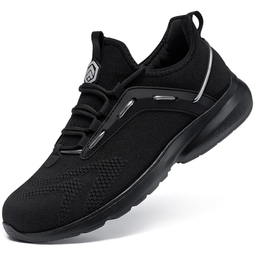 LARNMERN Arbeitsschuhe Herren Sicherheitsschuhe Dämpfung Atmungsaktiv Leicht Anti Smashing Mode Bequem Stahlkappe Sneaker Schutzschuhe(Schwarz,45EU) von LARNMERN