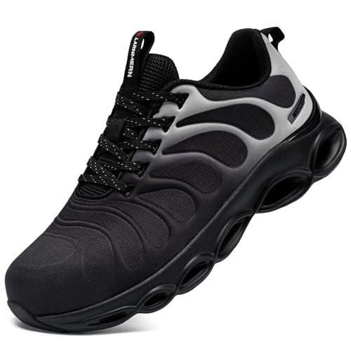 LARNMERN Arbeitsschuhe Herren Sicherheitsschuhe Mode Anti Smashing Stahlkappenschuhe Atmungsaktiv Dämpfung Leicht (Grau und Schwarz QWE,44EU) von LARNMERN