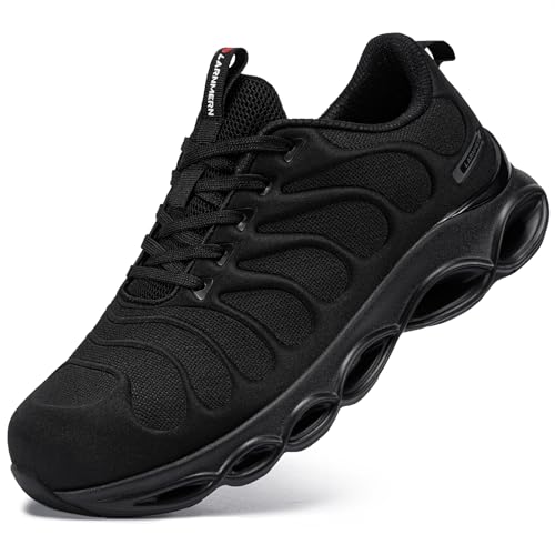 LARNMERN Sicherheitsschuhe Herren Arbeitsschuhe Weit Leicht Anti-Smashing Bequem Dämpfung Atmungsaktiv Mode Stahlkappe Arbeitsturnschuhe(Schwarz Weit Dark,42.5 EU) von LARNMERN