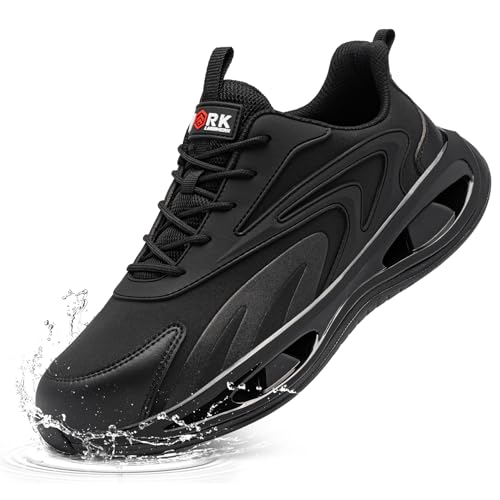 LARNMERN Arbeitsschuhe Herren Damen Sicherheitsschuhe Leichte Stahlkappenschuhe Antishock Atmungsaktive Anti-Smashing Komfort (Wasserdicht schwarz,43.5EU) von LARNMERN