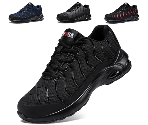LARNMERN Arbeitsschuhe Herren Weit Leicht Sicherheitsschuhe Komfort Schutzschuhe Atmungsaktive Stahlkappenschuhe Klassisch Luftkissen Arbeit Schuhe Pannensichere Dämpfung (Schwarz,41EU Weit) von LARNMERN