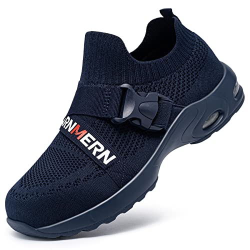 LARNMERN Arbeitsschuhe Herren ohne Schnürsenkel Leichte Sicherheitsschuhe Gemütlich Sportlich Schutzschuhe Slip on Atmungsaktive Stahlkappenschuhe Luftkissen (Marineblau,47EU) von LARNMERN