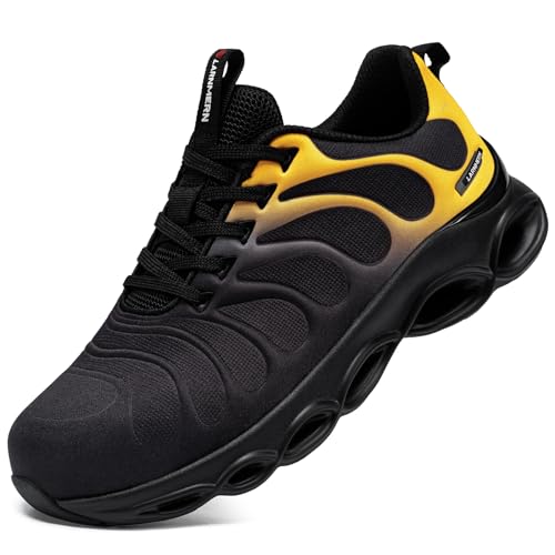 LARNMERN Sicherheitsschuhe Herren Arbeitsschuhe Leicht Anti-Smashing Bequem Dämpfung Atmungsaktiv Mode Stahlkappe Arbeitsturnschuhe(Schwarzes Gold,40.5 EU) von LARNMERN