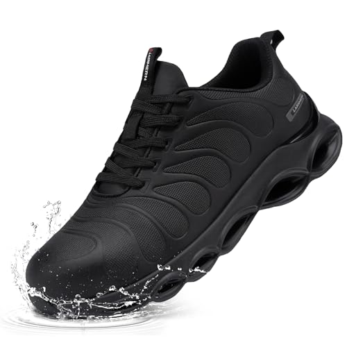 LARNMERN Sicherheitsschuhe Herren Arbeitsschuhe Wasserdicht Mode Dämpfung Arbeitsturnschuhe Leicht Komfort Stahlkappenschuhe(Schwarz Dunkel Mikrofaser,45 EU) von LARNMERN