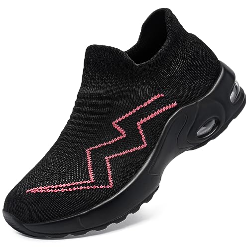 LARNMERN Sicherheitsschuhe Damen Arbeitsschuhe Leichte ohne Schnürsenkel Sportlich Stahlkappenschuhe Bequem Schutzschuhe Luftkissen Atmungsaktiv (Schwarz Rosa,36.5EU) von LARNMERN