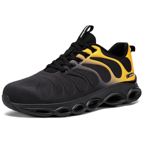 LARNMERN Sicherheitsschuhe Herren Arbeitsschuhe Bequem Anti-Smashing Stahlkappe Arbeitsturnschuhe Leicht Atmungsaktiv Arbeitsschuhe Dämpfung Mode 36-47EU(Schwarz Gold,39EU) von LARNMERN