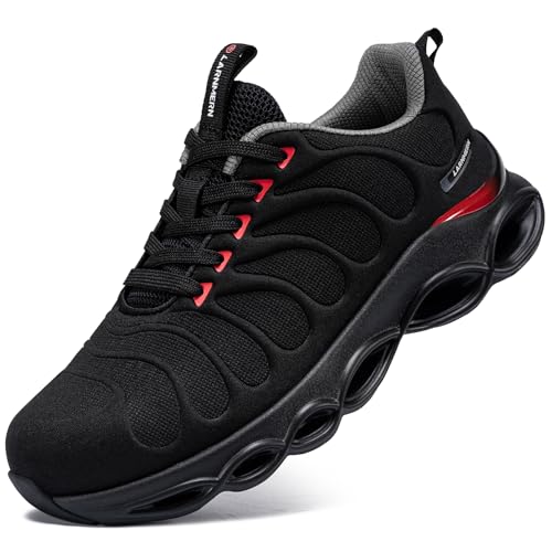 LARNMERN Arbeitsschuhe Herren Sicherheitsschuhe Mode Anti Smashing Stahlkappenschuhe Atmungsaktiv Dämpfung Leicht (Rot und Schwarz QWE,45EU) von LARNMERN