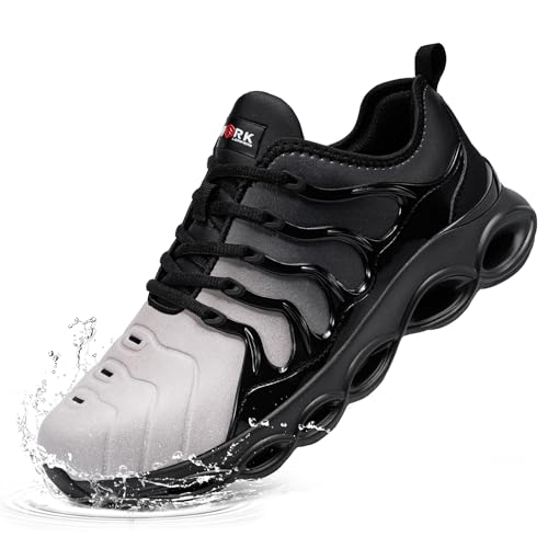 LARNMERN Sicherheitsschuhe Herren Arbeitsschuhe Wasserdicht Mode Dämpfung Arbeitsturnschuhe Leicht Komfort Stahlkappenschuhe(Schwarz Grau Mikrofaser,44 EU) von LARNMERN