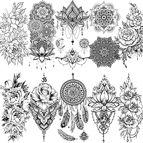 LAROI 10 Blätter Schwarz indisches Temporäre Tattoos Blume Für Frauen Mandala DreamCatcher Temporäre Erwachsene Aufkleber Mädchen Körperkunst Arm Tätowierung Spitzen Gefälscht Tatoos Hochzeit von LAROI