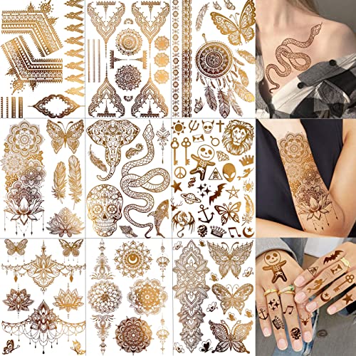 LAROI 9 Blätter 95+ Klebe Goldene Temporäre Tattoos Zum Aufkleben Klebetattoos Erwachsene, Fake Gold Glitzer Flash Metallic Aufkleber Schlange Lotus Schmetterling, Festival Accessoires Zubehör von LAROI