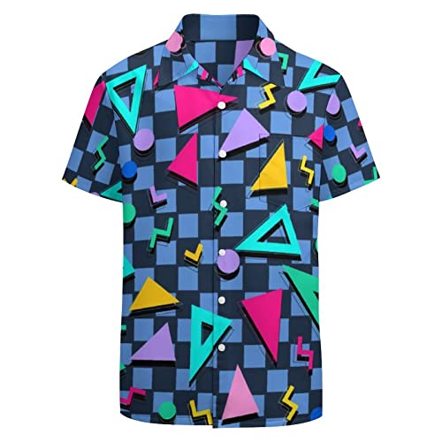 LARSD 80er Jahre Hemd für Herren - Vintage Retro Hawaii Strand Button Up Shirt - Neon Disco Party Lustiges Geometrisch Blau, 3X-Groß von LARSD