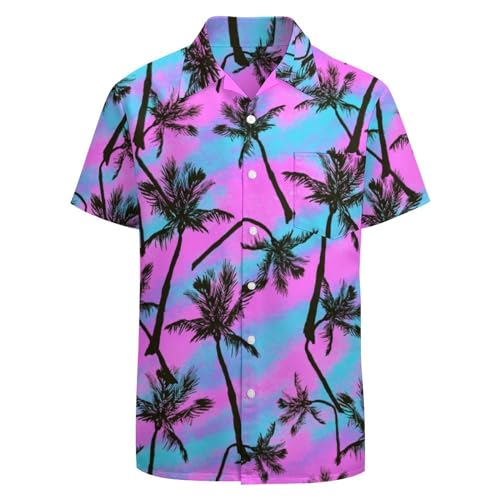 LARSD 80er Jahre Hemden für Herren 90er Jahre Button Up Hemd Vintage Retro Hawaii Strand Hemd Neon Disco Shirt Lustiges Partyhemd, Pink Palm Tree, XX-Large von LARSD