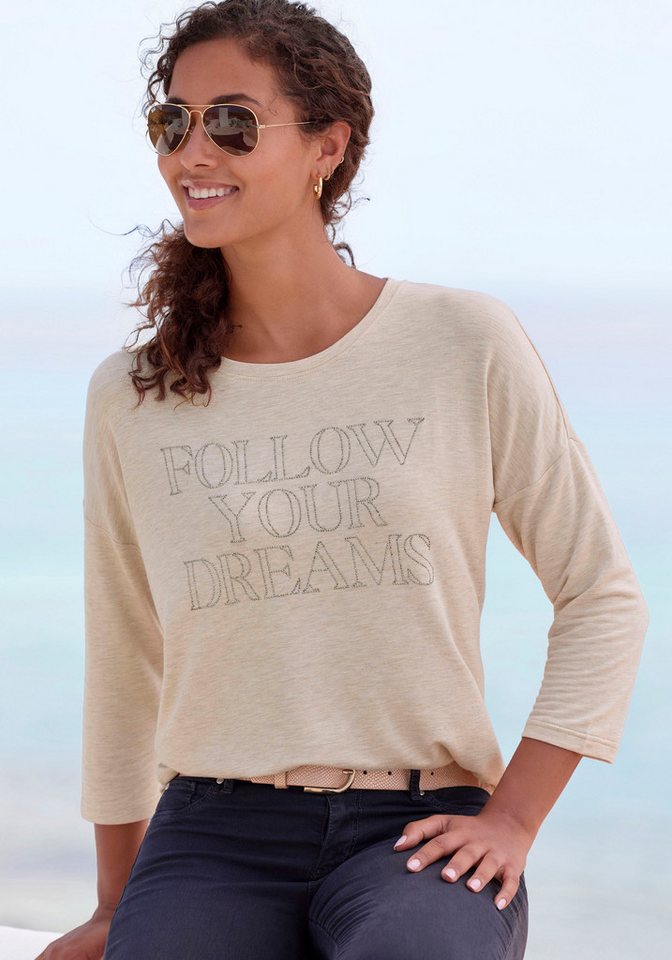 LASCANA 3/4-Arm-Shirt mit Schriftzug aus Strasssteinen aus hochwertiger French Terry-Qualität aus Viskose LASCANA 3/4-Arm-Shirt mit Schriftzug aus Strasssteinen aus hochwertiger French Terry-Qualität aus Viskose von LASCANA