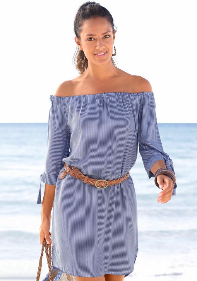 LASCANA Blusenkleid mit Streifendruck und Carmenausschnitt, Sommerkleid, Strandkleid von LASCANA