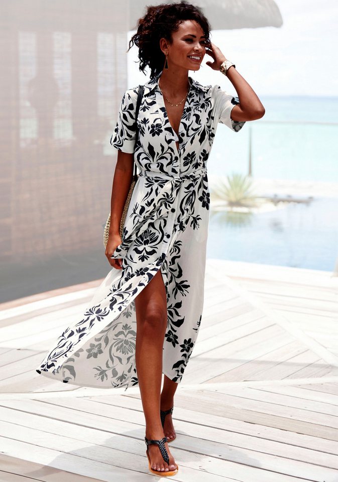 LASCANA Hemdblusenkleid (mit Bindegürtel) mit Blumendruck, sommerliches Maxikleid aus Leinenmix von LASCANA