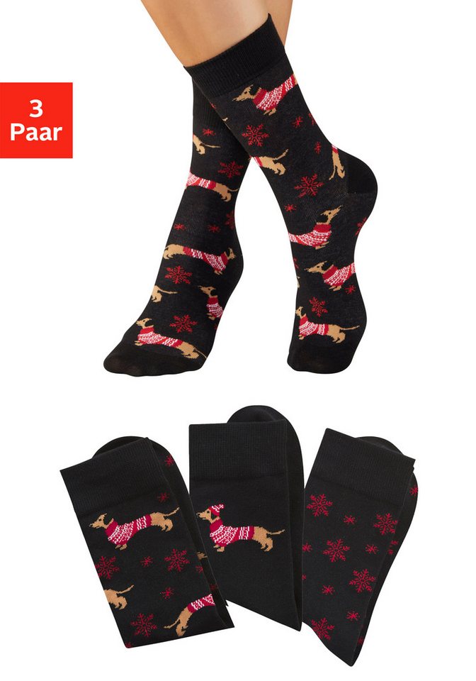LASCANA Socken (Packung, 3-Paar) mit weihnachtlichem Dackelmotiv von LASCANA