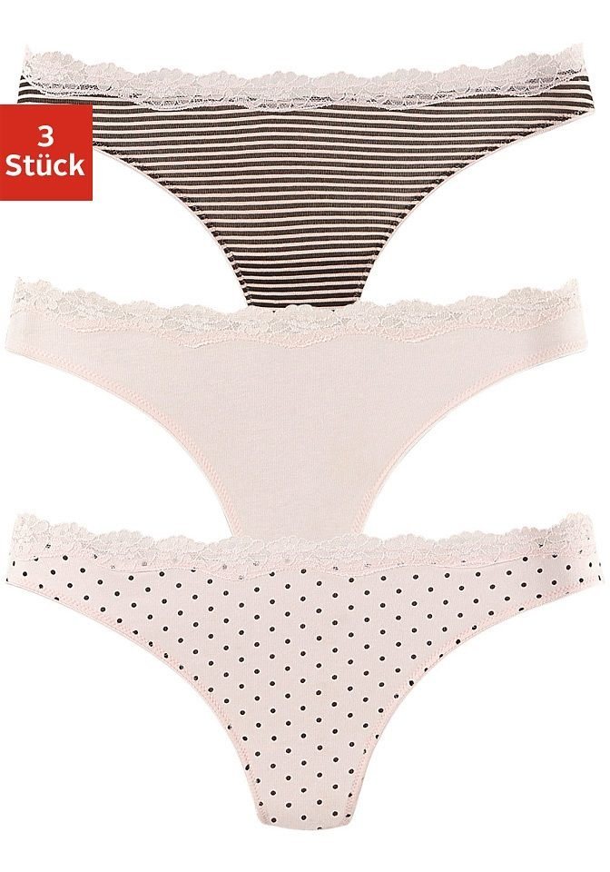 LASCANA String (3er-Pack) aus elastischer Baumwolle mit zarter Spitze von LASCANA