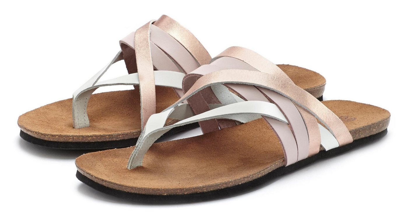 LASCANA Zehentrenner Sandale, Pantolette aus Leder mit Korkfußbett von LASCANA